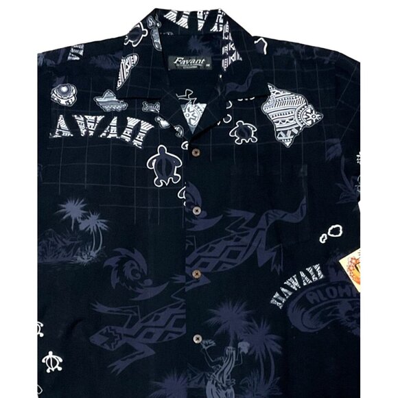 NWT HAWAIIAN GECKO SHIRT SZ M BLACK ALL OVER PRINT FAVANT HULA GIRLS ISLANDS MEN - Picture 2 of 6